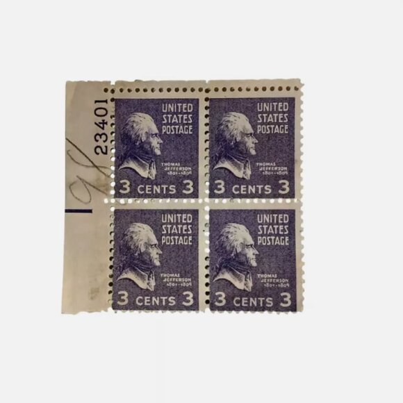 Thomas Jefferson 3 Cent Purple 4 Block Stamps Very Rare - Picture 2 of 3